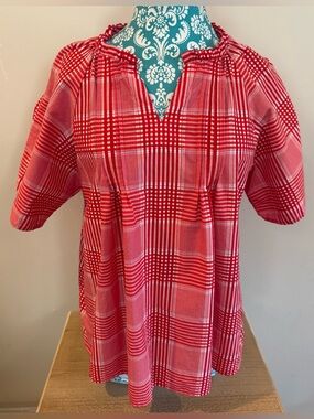 Tru Luxe Red Plaid Peasant Top